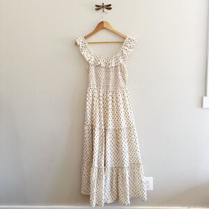 Cream Ikat Print Ruffle Neckline Tiered Midi Dress size Small